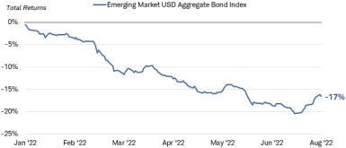 Chart shows total return for the Emerging Market USD Aggregate Bond Index between December 31, 2021 and 8/2/2022. As of 8/2/2022, the index was down 17%. 