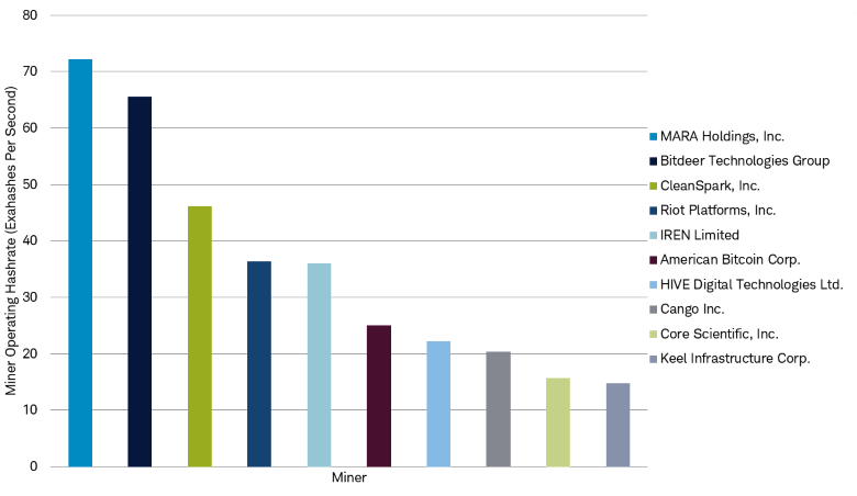 Bar chart shows operating hashrate by the 10 largest publicly traded bitcoin miners, illustrating that compute power is distributed across multiple large participants rather than dominated by a single entity.