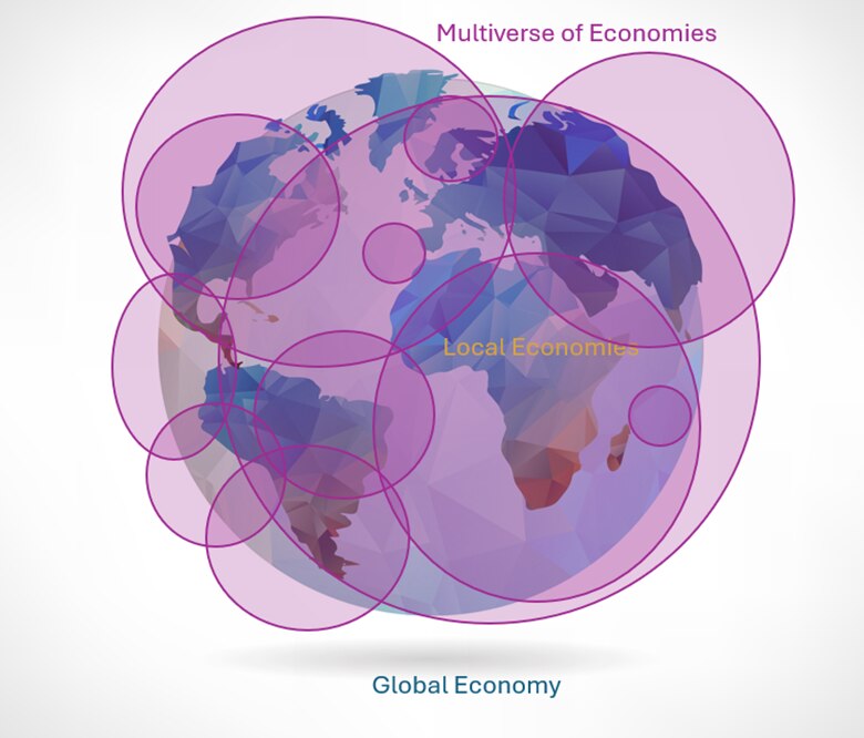 An illustration of the global multiverse of economies, showing a globe covered by interconnecting circles.