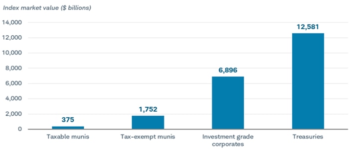 Chart shows the market size of the Bloomberg Municipal Index Taxable Bonds Index ($375 billion), the Bloomberg Municipal Bond Index ($1.751 trillion), the Bloomberg US Corporate Bond Index ($6.875 trillion), and the Bloomberg US Treasury Bond Index ($12.595 trillion)
