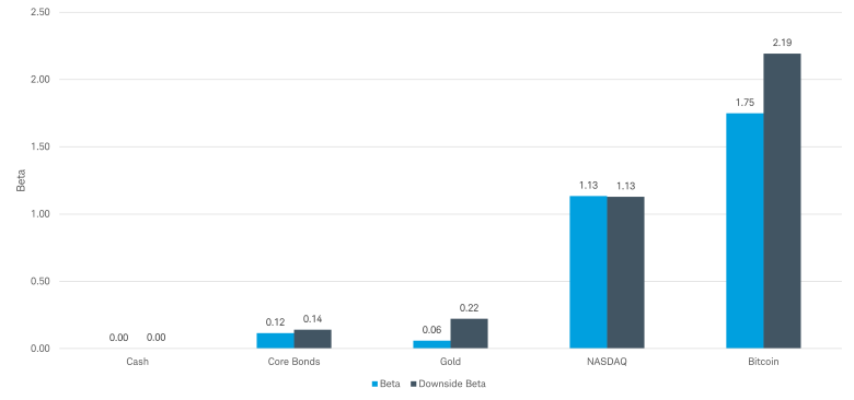 Bar chart shows relative risk, or beta, of cash, core bonds, gold, Nasdaq Composite index and Bitcoin versus the S&P 500 index between January 2015 and February 2026. Risk is shown as beta and downside beta.