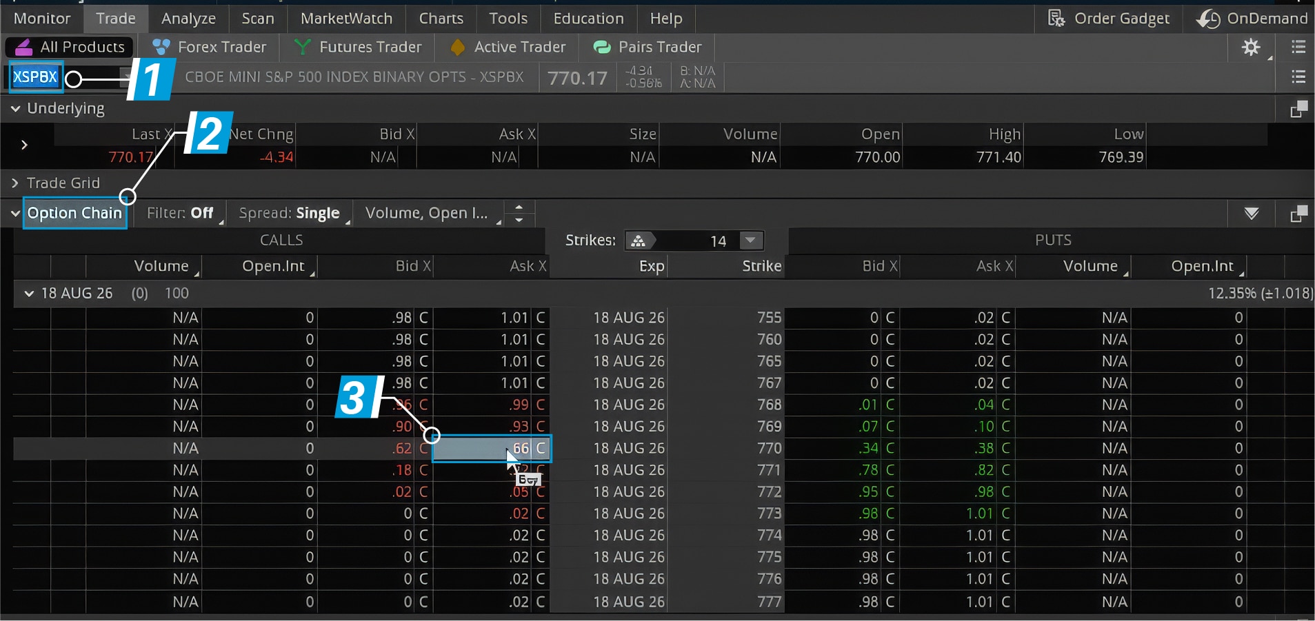 An image from thinkorswim showing how to select a binary option on the Trade tab.