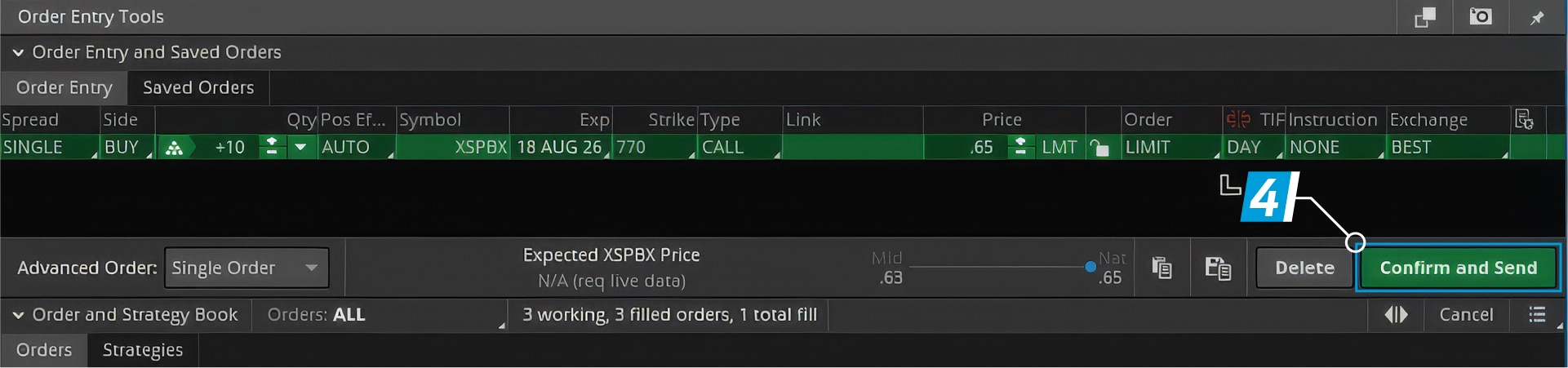 An image from thinkorswim showing an Order Entry box that opens when a trader is placing an option order.