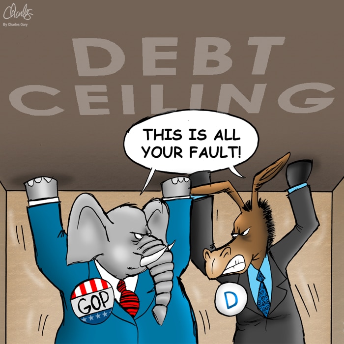 Cartoon shows an elephant representing Republicans and a donkey representing Democrats holding up a ceiling labeled "debt ceiling." Both are saying to the other "this is all your fault!" 