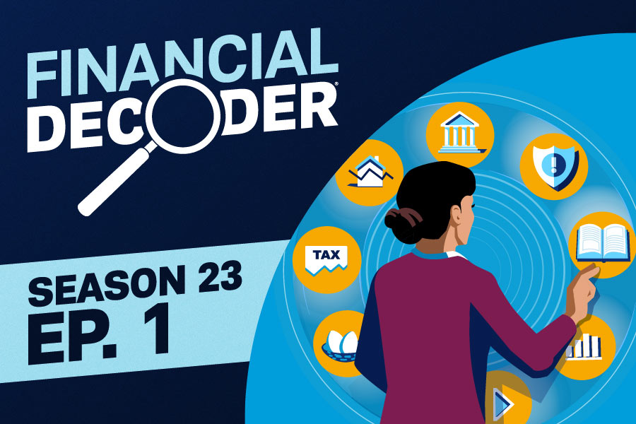 illustration of a woman browsing a wheel of financial symbols