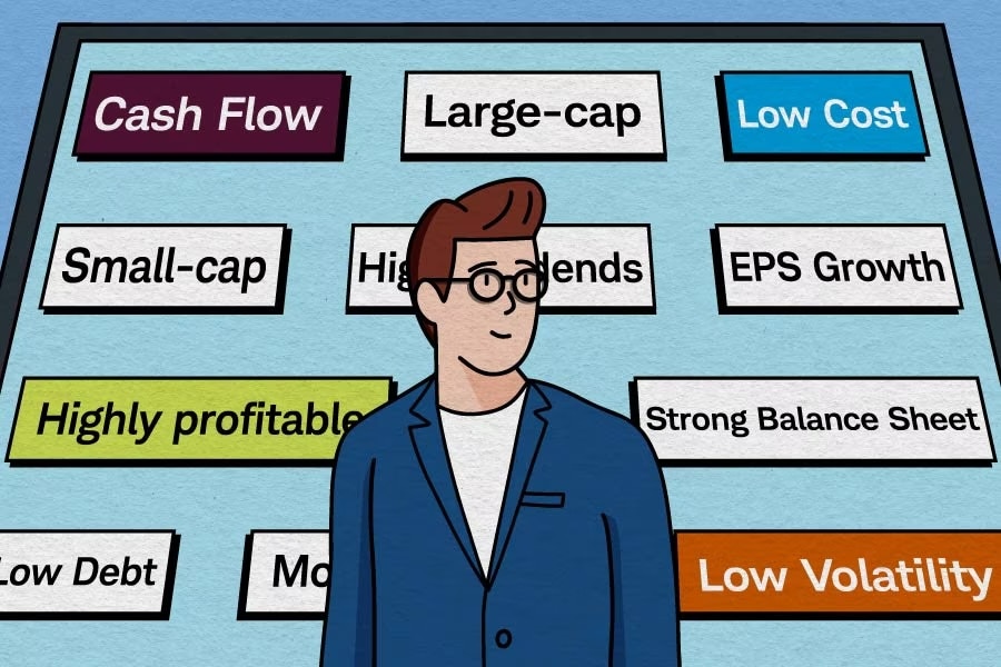 A variety of options on a board: Cash flow, large cap, low cost, small cap, high dividends, eps growth, highly profitable, strong balance sheet, low debt, low volatility.