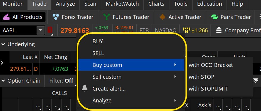 Image illustrates how to bracket an order with profit and loss targets using a custom order.
