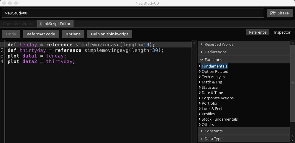 Image shows the thinkScript Editor under the thinkorswim Charts tab. It includes an example of code as well as a menu of potential commands and functions.