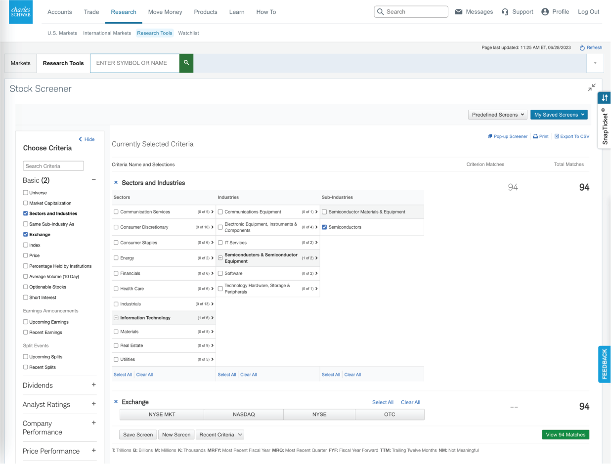 Image demonstrates the Stock Screener on Schwab.com. Image includes how to select criteria from the left navigation sidebar and how to add items to the screener to narrow investment choices.