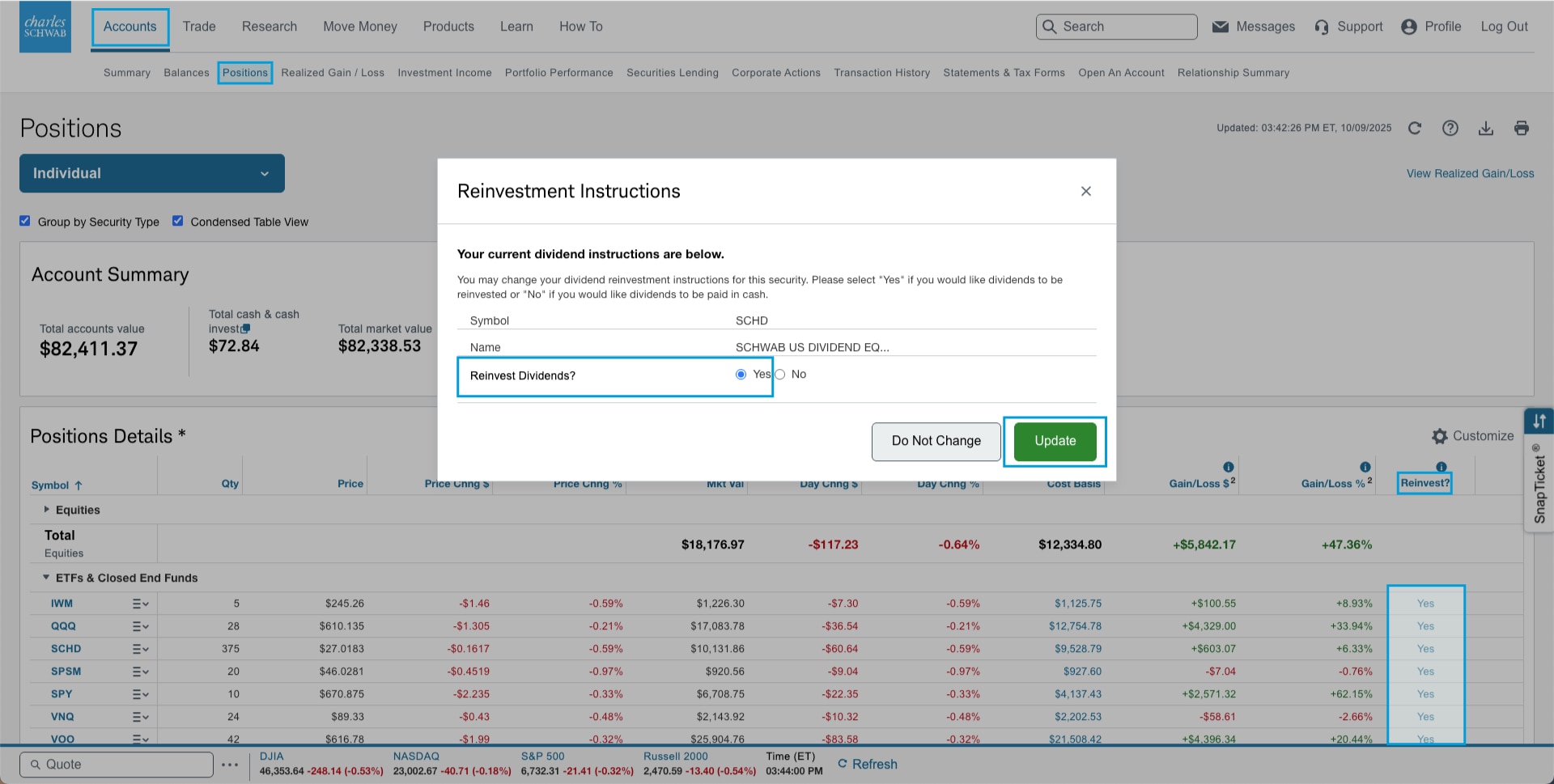 Image illustrates how Schwab clients can set up a DRIP for their current holdings by selecting the Yes or No in the Reinvest? column.