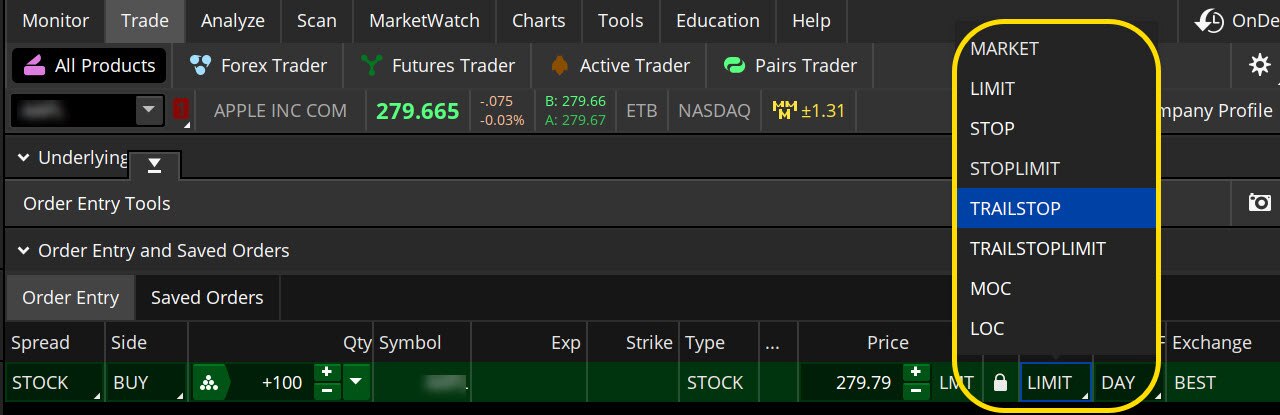 Image shows how to select an order type using the thinkorswim platform. It illustrates how to choose an order type from the menu located to the right of the price.