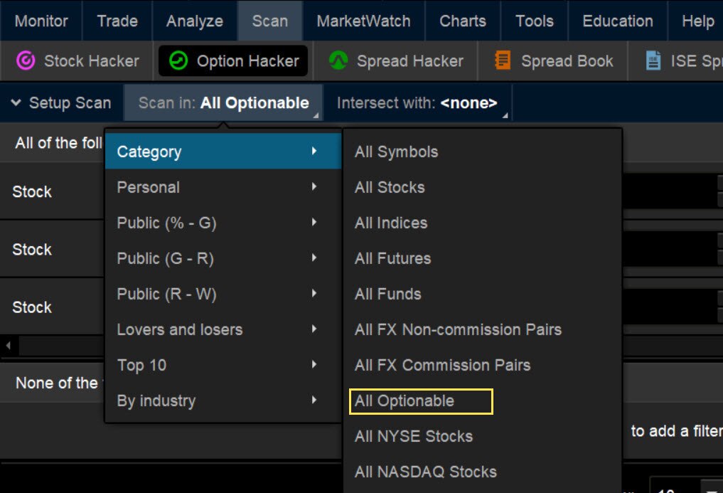 Image illustrates how to narrow the choice set to stocks with listed options by choosing the All Optionable category on the Scan tab.