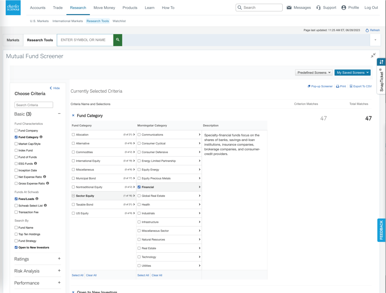 Image demonstrates the Mutual Fund Screener on Schwab.com. It includes how to select criteria from the left navigation sidebar and how to add items to the screener to narrow investment choices.