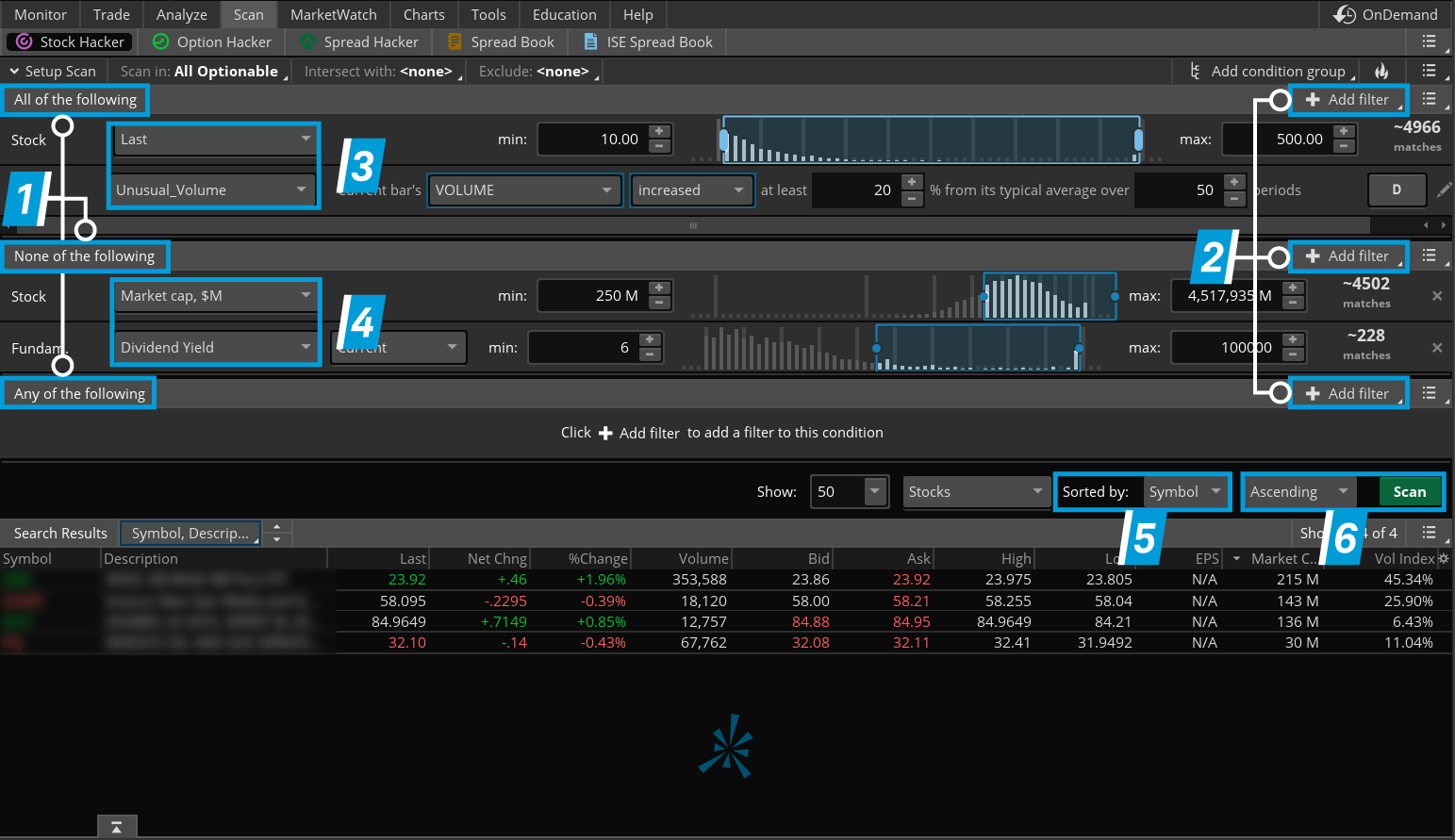 Image of the Stock Hacker tool on thinkorswim showing how to search for All Optionable stocks and use specific criteria filters.