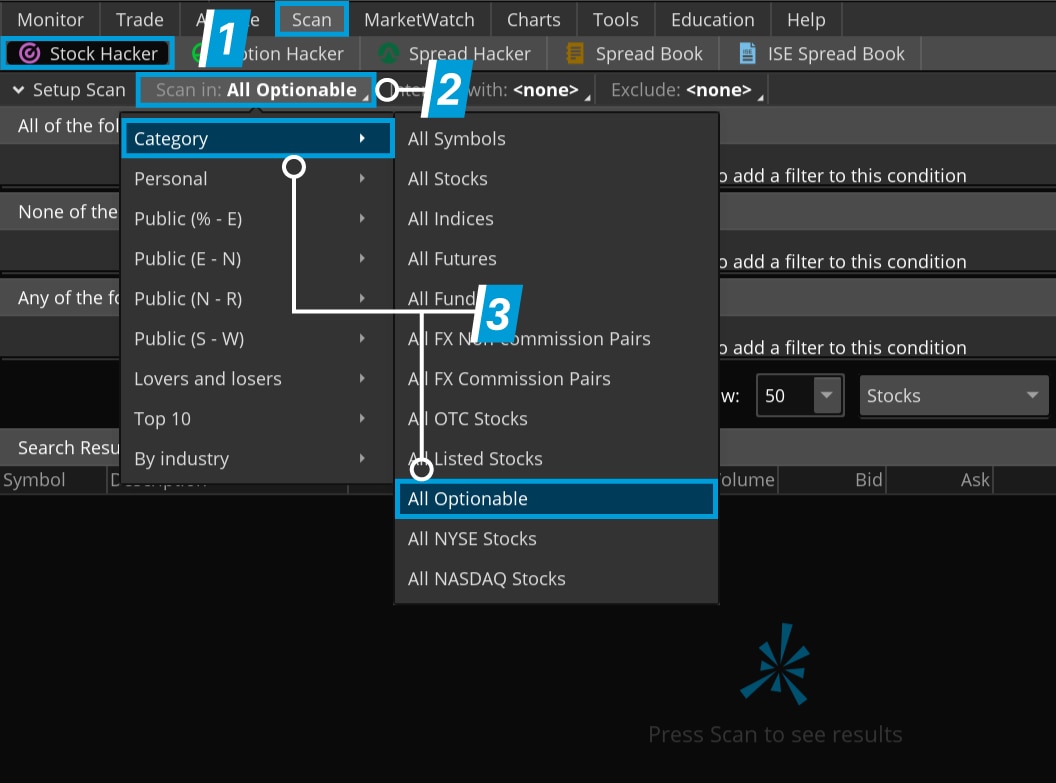  Image of the Stock Hacker tool on the Scan tab of thinkorswim showing how to search for All Optionable stocks.