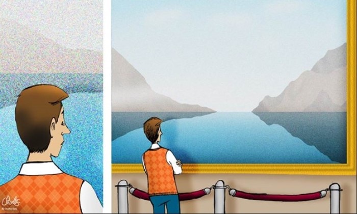 artoon shows person looking closely at a painting in the first frame, and the same individual viewing the same painting from further away in the second frame.