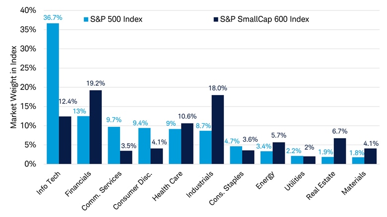 Column chart shows market weights of the S&P 500 Index and the S&P SmallCap 600 Index for each of the 11 GICS sectors.