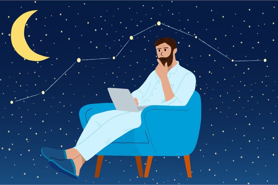 Man sitting in a chair with a computer and a stock chart that looks like a constellation is above him in the night sky.