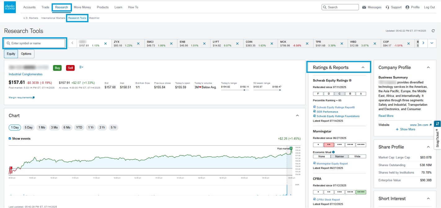 A screenshot showing that Ratings & Reports appear to the right of the price chart on Schwab.com. From there, clients can access research reports from several different services.