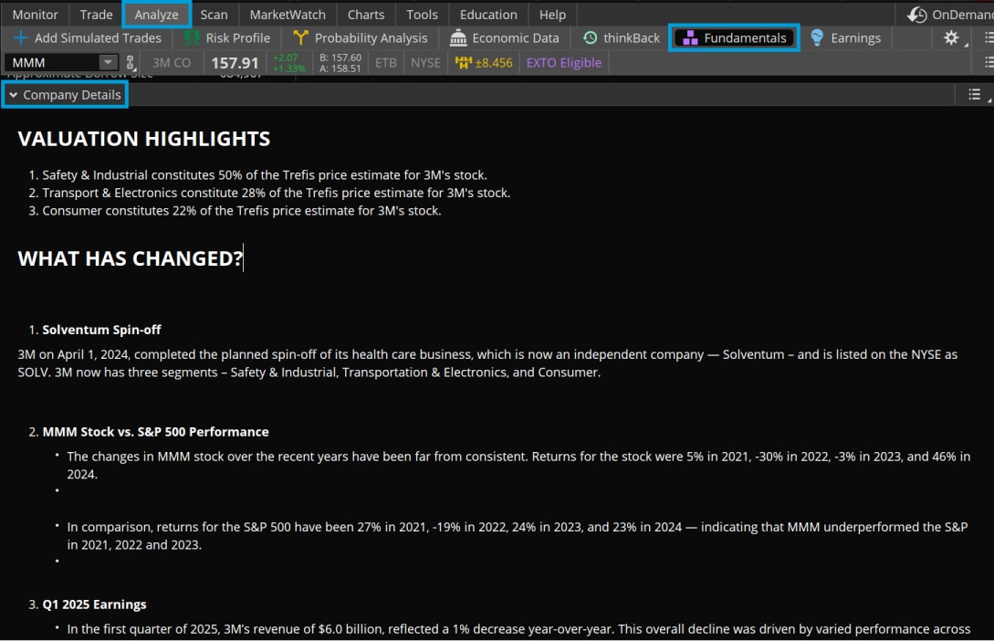 By scrolling down to the Company Details section on thinkorswim, clients can access research from Trefis Insight Guru, offering information about the company, its valuation, and changes in company performance.