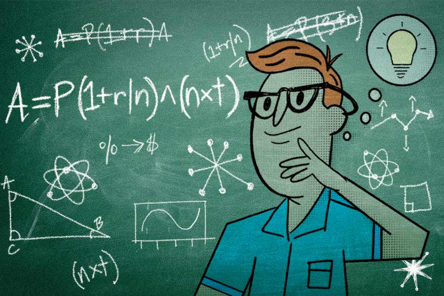 Illustration of man standing in front of chalk board with various illustrations on it and a light bulb metaphorically appearing.