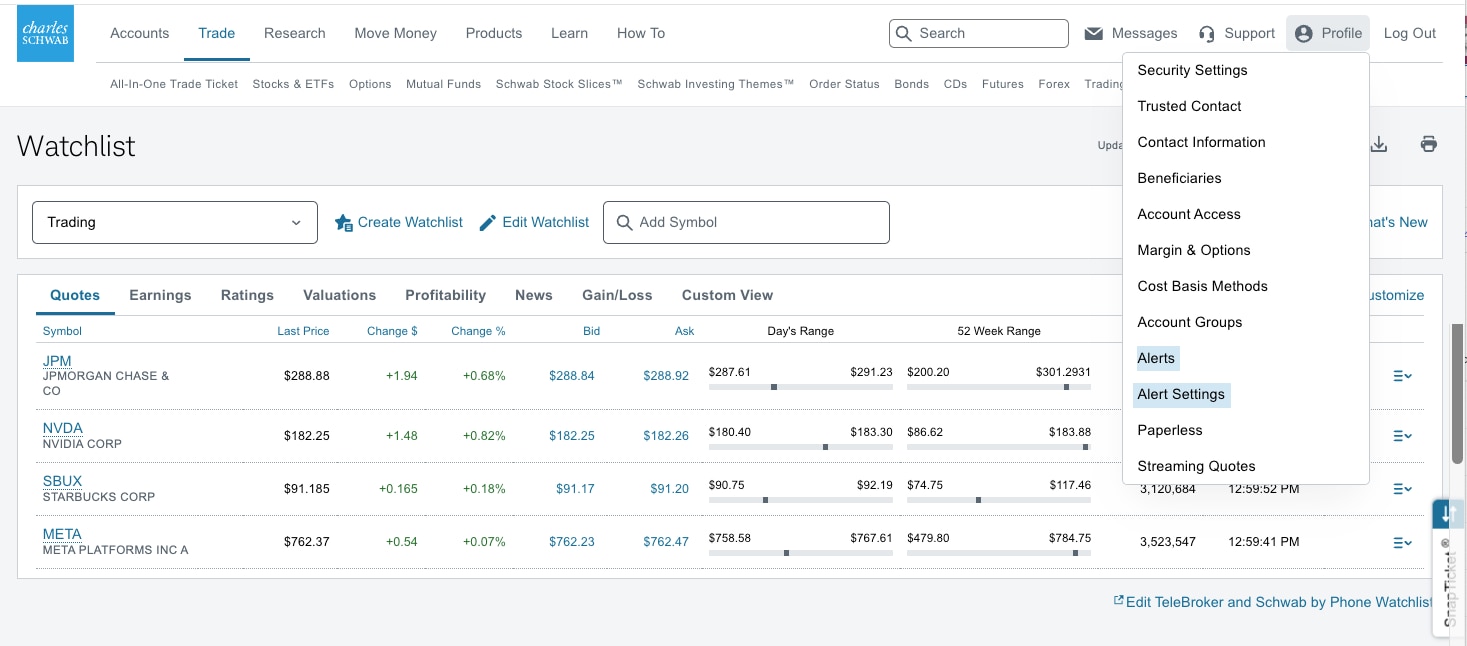 mage illustrates the Watchlist page with the user's Profile menu in the upper right corner. Clients can add alerts by selecting Alerts from the drop-down menu.