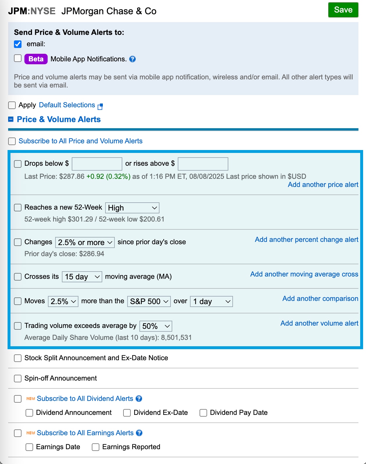 Image shows the Price & Volume Alerts selections with various alerts available including price targets, percentage targets, and moving average targets.
