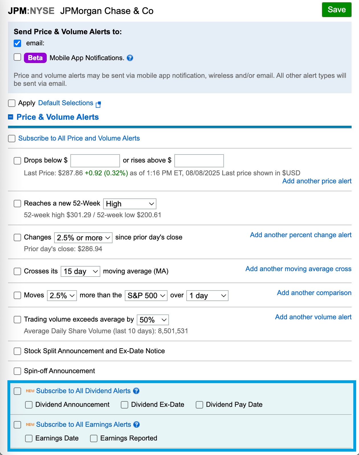 Image shows where to subscribe to Dividend Alerts and Earnings Alerts on the Price & Volume Alerts page.