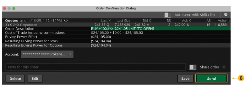 Order confirmation dialog box in the thinkorswim desktop app with an order to buy stock ZYX.