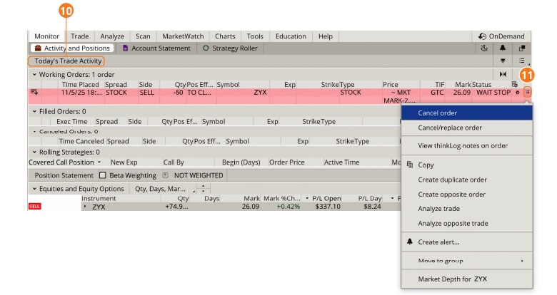 View of working orders highlighting the menu for the stock with the trailing stop order set.
