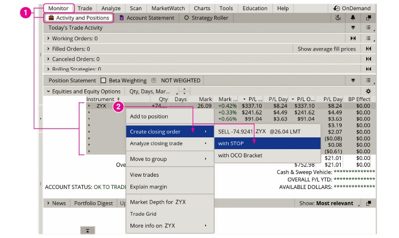 Screenshot of the dropdown menus for creating a trailing stop order when you right click a position.