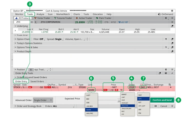 Trade screen in thinkorswim desktop showing the Order Entry settings.