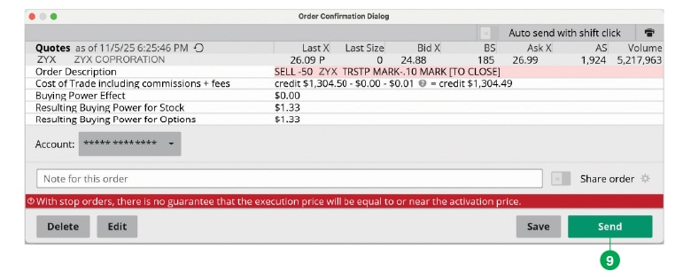 Order confirmation dialog box in thinkorswim desktop.