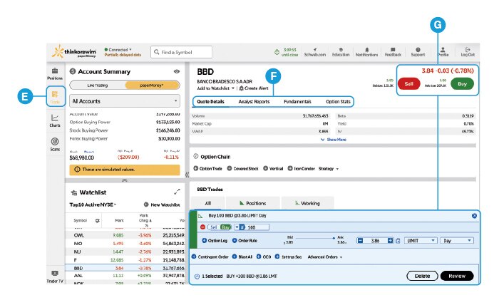 Screenshot of thinkorswim web platform showing the Account Summary, Positions panel, Watchlist, and position details in the selected account.