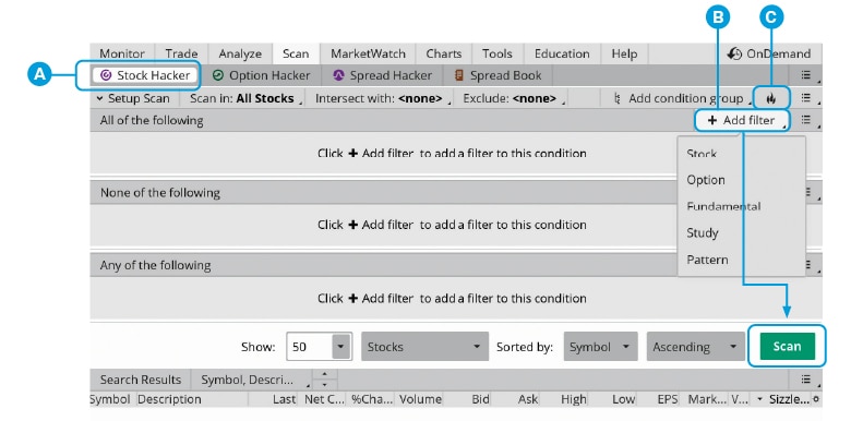 Scan screen in the thinkorswim desktop platform highlighting how to use Stock Hacker to scan for sizzling stocks or to find stocks and other securities by adding filters based on selected criteria.