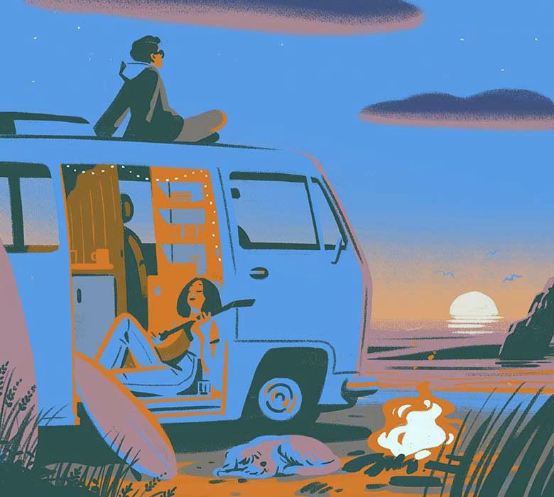 Illustration of a young man sitting on top of a van at the beach watches the sun rise over the ocean as a young woman plays a guitar inside the open van while a dog sleeps near a small campfire.