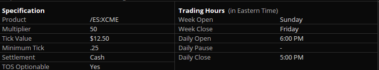  E Mini S&P 500 June 2026 (/ESM26) Specifications