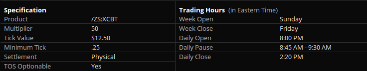 Soybean January 2026 Futures (/ZSF26) Specifications