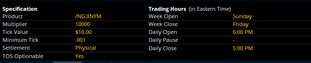 Natural Gas (/NGF26) Specifications