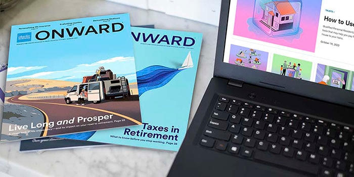 Onward magazine print issues next to a laptop showing the Onward hub