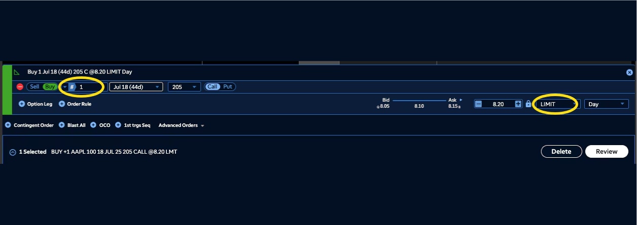 Here's a preview of a limit order for the purchase of one call contract at the July 18, 2025, 205 strike price. Traders may delete or further review this order before confirming.