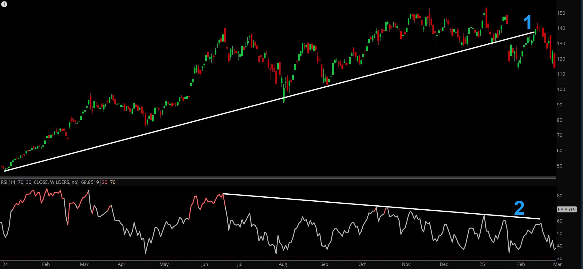 Screenshot shows a stock chart from January 2024 to January 2025. The stock continued to make higher highs, while the corresponding RSI made lower highs. This is a bearish divergence and could signal a pause, or potentially a reversal, of the uptrend.