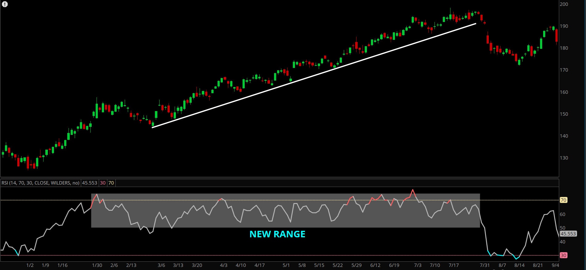  Screenshot shows a chart from January to July 2024. During this time period, the stock price maintained a strong uptrend while its RSI only pulled back to the bottom of its range. During this period, the stock didn't reach oversold conditions below the 30 level, finding its support near 50.