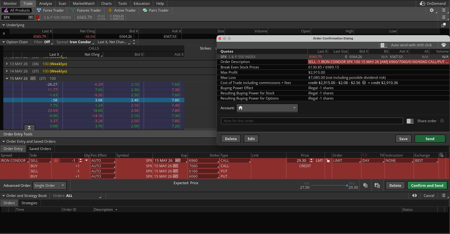 An image from thinkorswim showing the execution of a short iron condor. The trade's maximum profit (excluding taxes, fees, and commissions) is $2,915. The trade's maximum loss is $7,085.