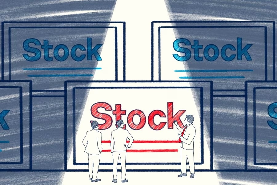 Two large blue stock certificates, one red one, three people looking at the red one.