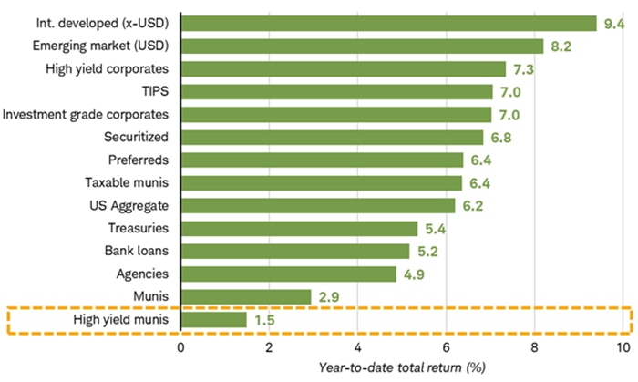 Chart shows the year-to-date total return for 14 fixed income asset including high-yield munis, taxable munis, investment-grade corporate bonds and Treasury bonds. High-yield munis are in last place.