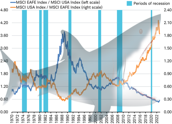 Line chart showing performance since 1970 for the MSCI EAFE and MSCI U.S. index level ratios, with an image of a shark superimposed on the chart pattern.