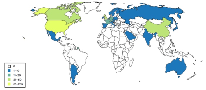World map of countries shaded according to the number of machine-learning model types adopted by industries in each country.