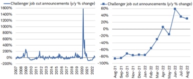 Job cut announcements increased by 30% year-over-year in August, a slower pace from the 36% increase in July but a third consecutive month of annual increases. 
