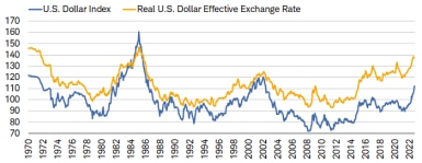 When measured against a specific basket of major developed-market currencies and adjusted for inflation, the dollar is near its strongest level since the mid-1980s.